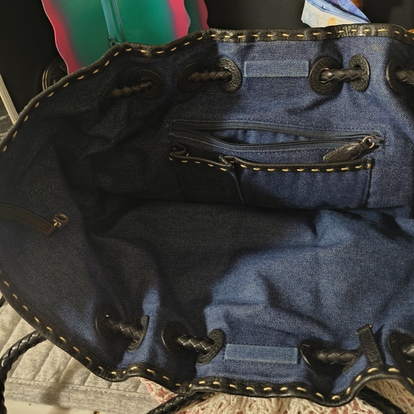 Brighton Bucket Tote Canvas Floral Blue and Black Women's Bag Denim Interior - Picture 3 of 10